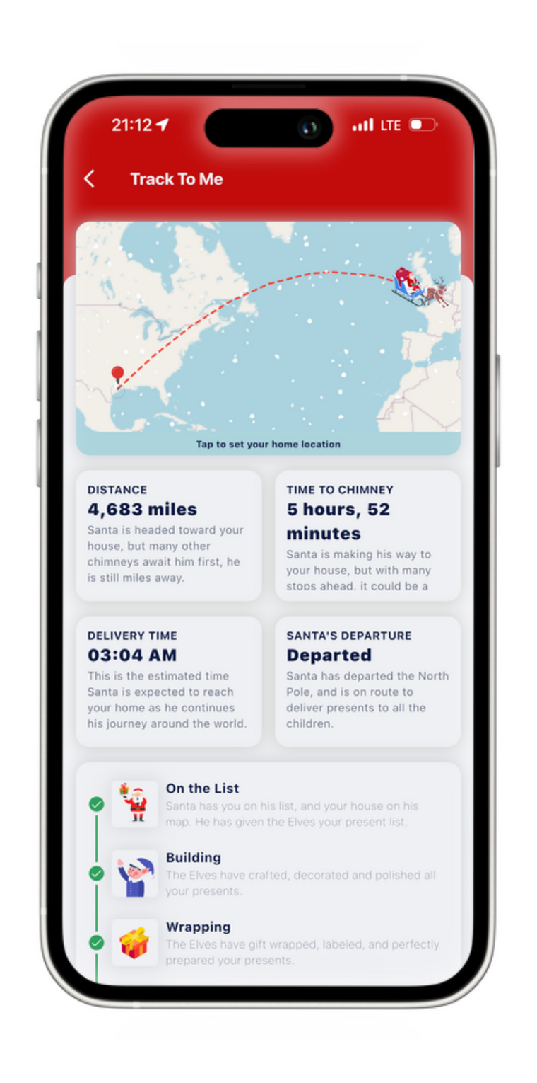 Live distance and time until Santa reaches your house
