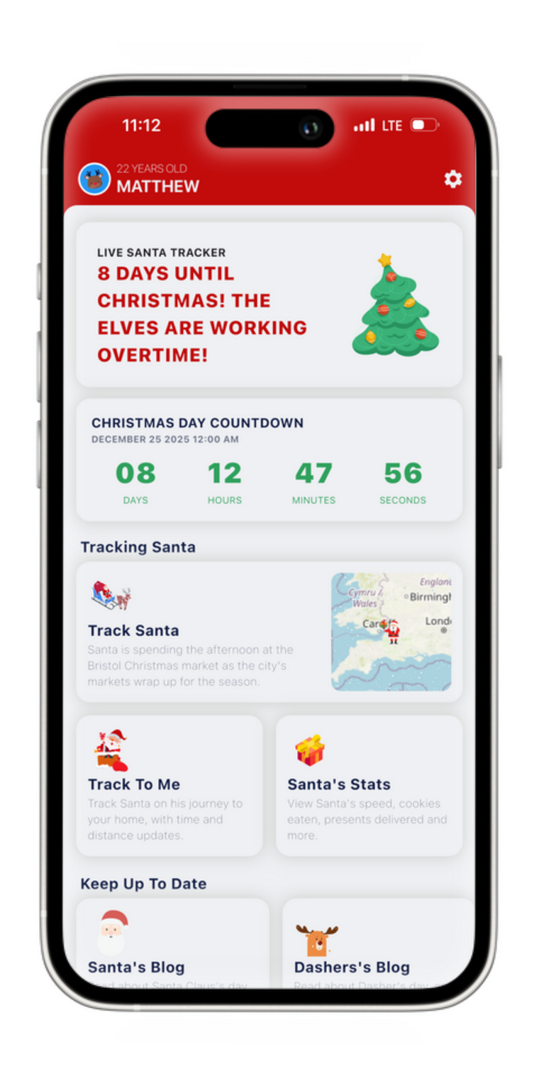Home screen with Christmas countdown and tracking shortcuts